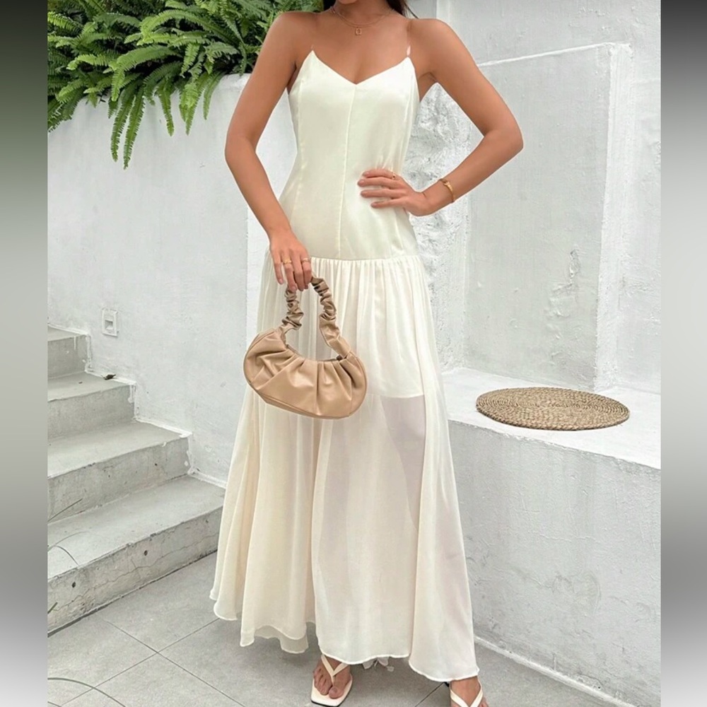 White ivory mesh drop waist clear spaghetti strap maxi flowy dress - Picture 4 of 5